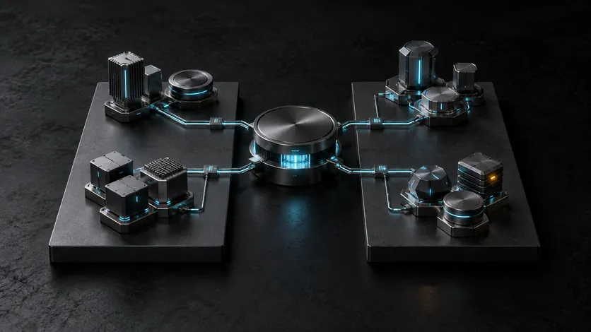 Concept illustration of a coordination core connecting specialist agent modules across two platforms