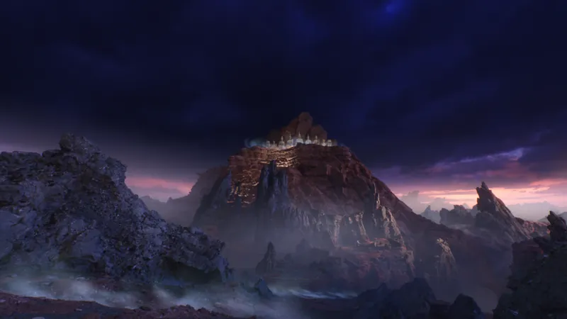 Concept frame: a citadel on a mountain at dusk