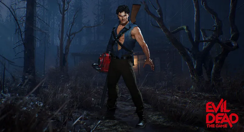 Ash with a chainsaw in a dark forest, beside the Evil Dead: The Game logo