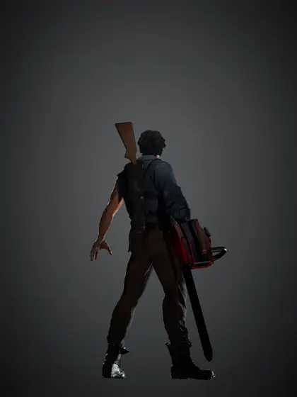 Ash from behind, the shotgun on his back