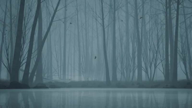 Bare trees reflected in a still lake
