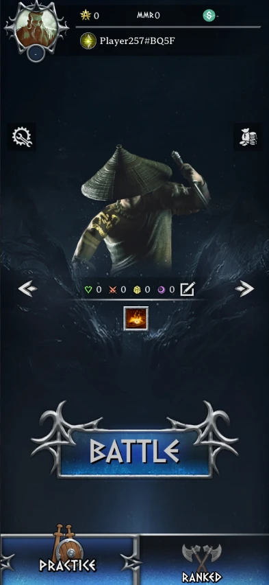 Battle lobby with character, abilities and practice or ranked entry