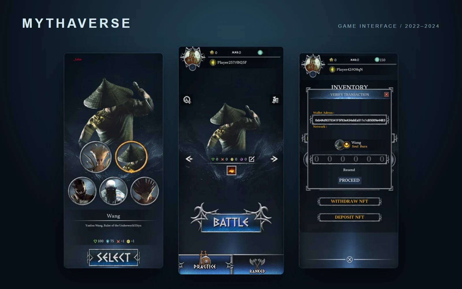 Mythaverse character selection, battle lobby and inventory screens