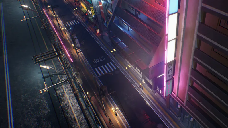 Looking down a neon-lit street between towers