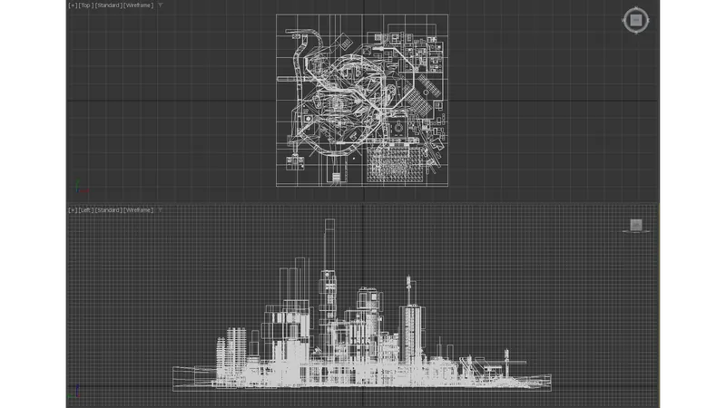 Wireframe plan and elevation of the district