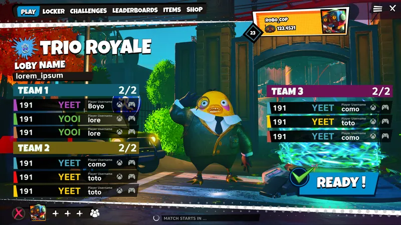 Trio royale lobby with three teams and a ready button