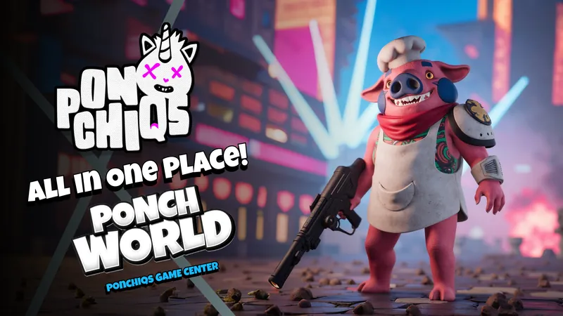 Ponch World: the pig chef with a rifle under neon light