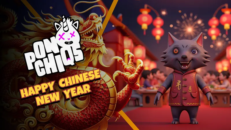 Chinese New Year: the wolf in front of a golden dragon