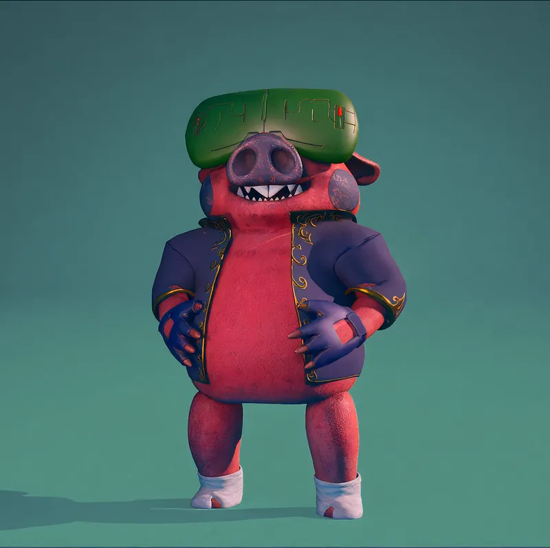 The pig in a hoodie and a green cap
