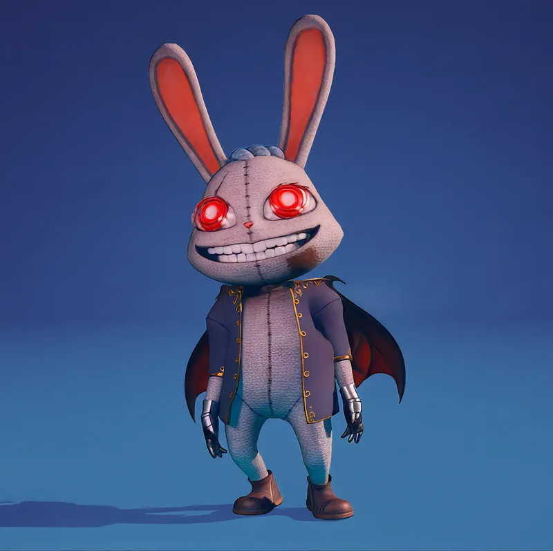 The stitched bunny with red eyes and a cape