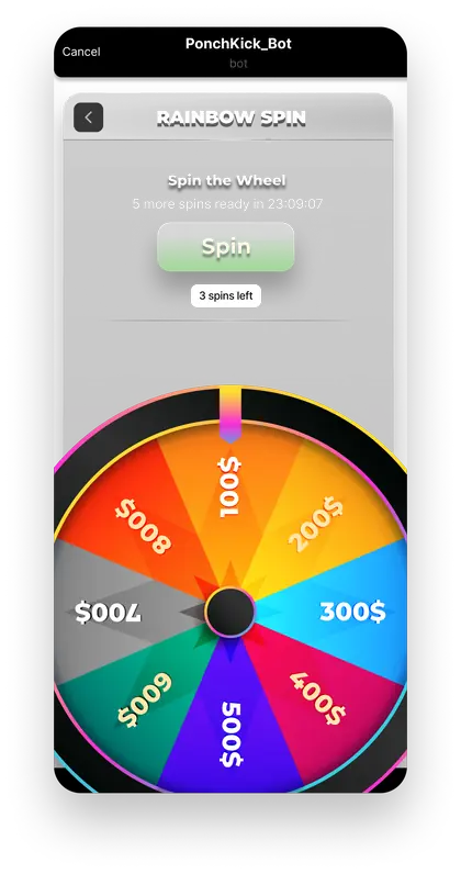 Rainbow spin wheel with prizes on every slice