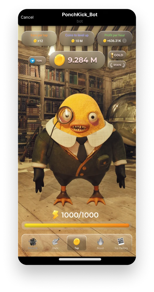 PonchKick character screen: chicken, resource counters and controls