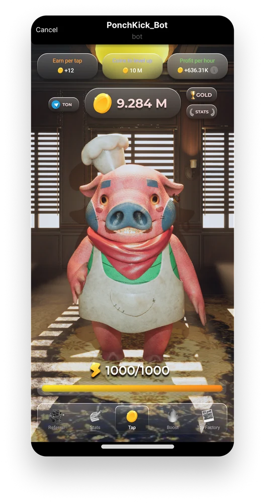PonchKick character screen: pig, resource counters and controls