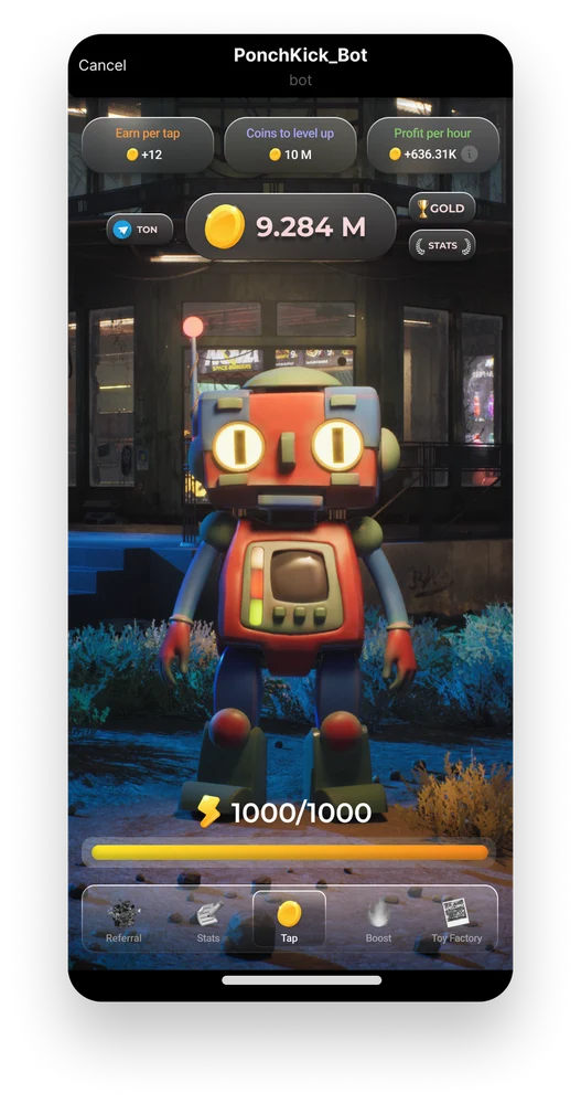 PonchKick character screen: robot variant, resource counters and controls