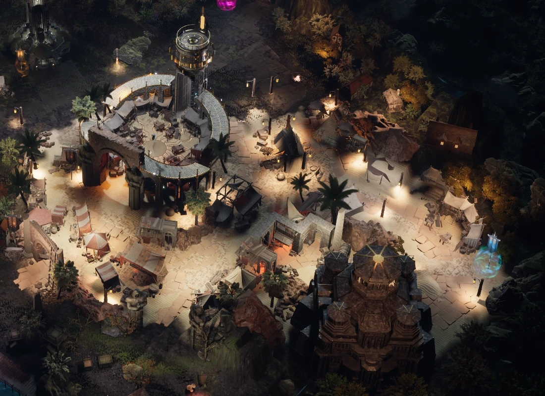 Central tower, illuminated courtyard and market paths in Nexus