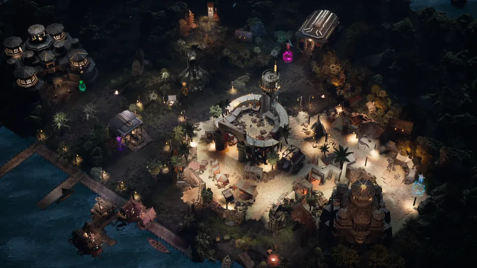 Nexus live island view with the central tower, temple and waterfront