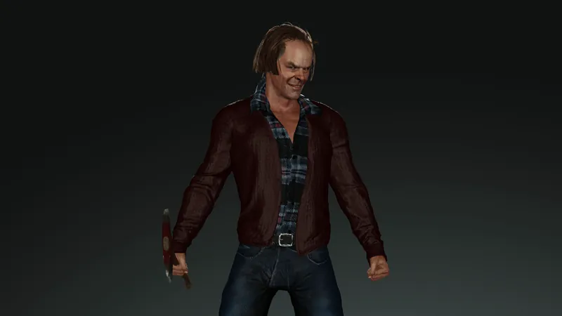 Jack Torrance full figure in a leather jacket, holding an axe