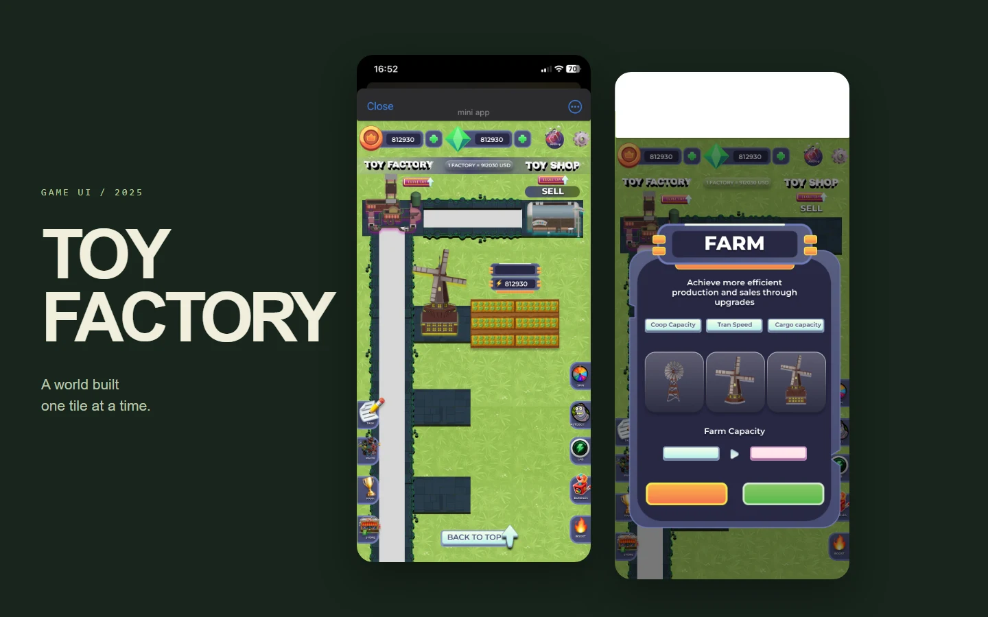 Toy Factory presentation with the original map and farm-panel screens