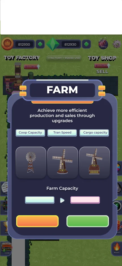 Toy Factory farm panel over the tile-based map