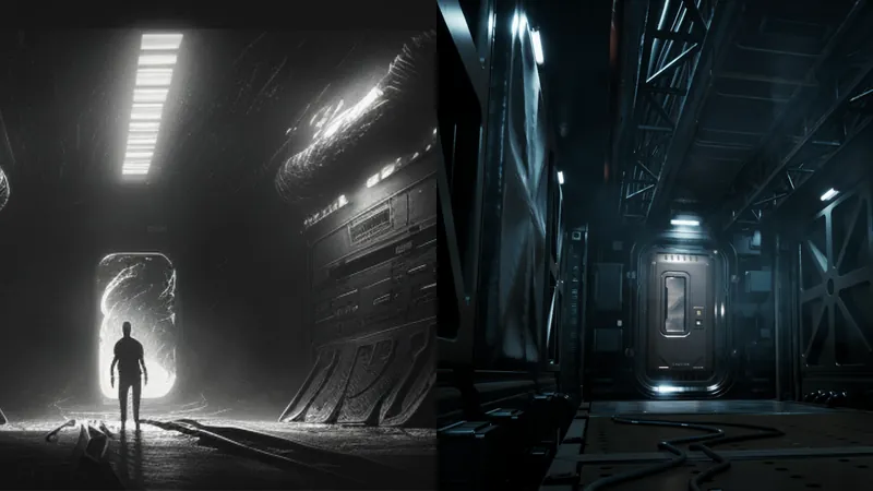 Storyboard frame and Unreal render side by side: a figure at a lit door