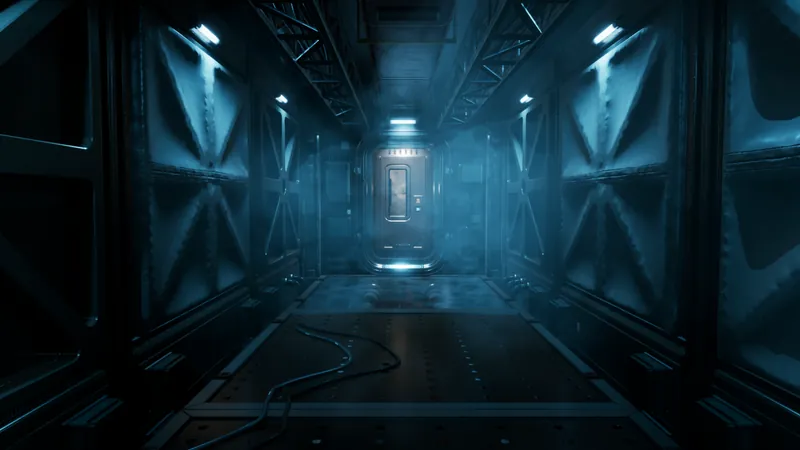 A blue corridor ending in a sealed door